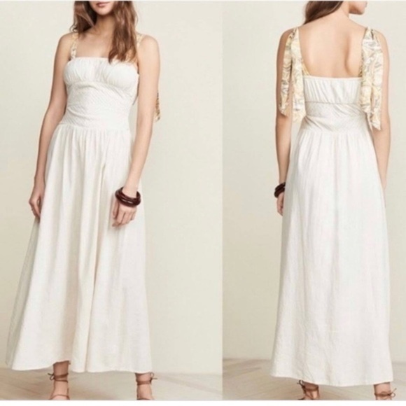 Free People Dresses & Skirts - Free People Santorini Ecru Linen Maxi Dress with Ribbon Tie Straps 45097